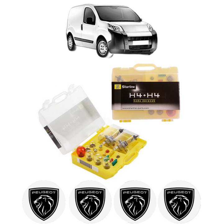 Kit trusa Set becuri H4 compatibila cu PEUGEOT BIPPER (AA_) din 2008-2010, bec far, semnalizare, pozitie, iluminare numar, frana, plafoniera, stop frana