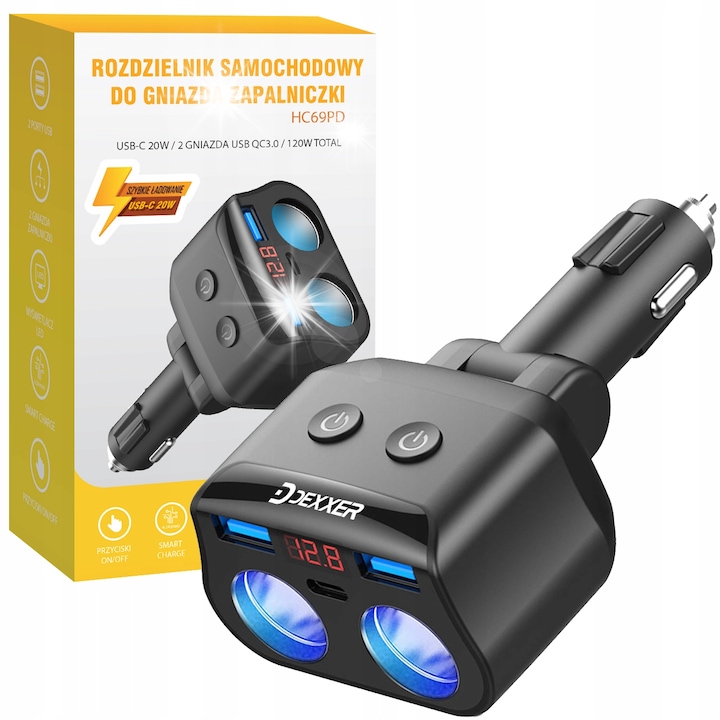Autós szivargyújtó elosztó 2 USB porttal, Quick Charge 3.0, 12-24V, 120W