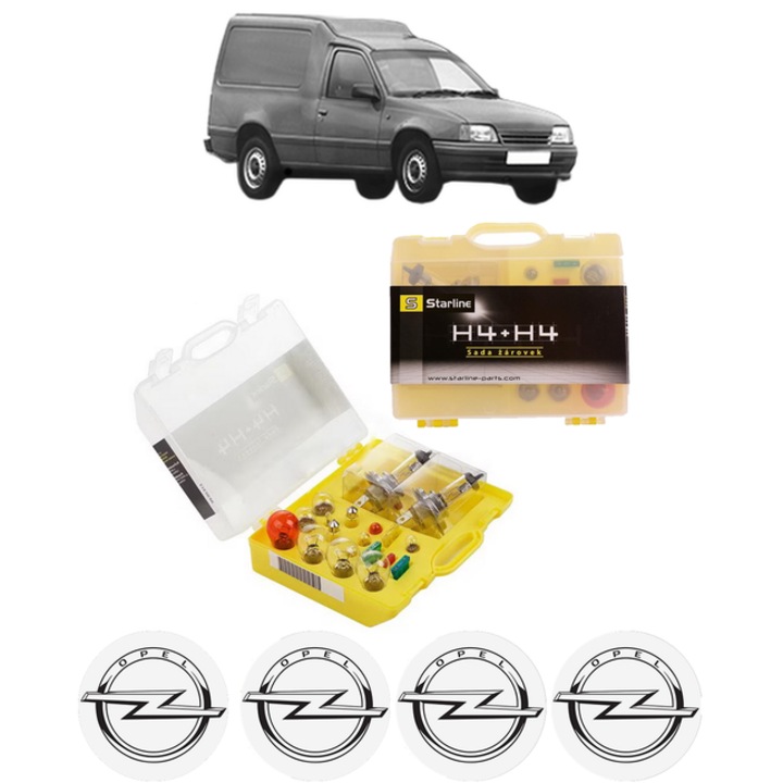 Kit trusa Set becuri H4 compatibila cu OPEL KADETT E Combo (T85) din 1986-1994, bec far, semnalizare, pozitie, iluminare numar, frana, plafoniera, stop frana