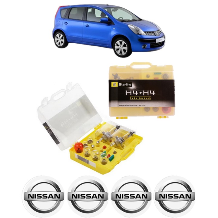 Kit trusa Set becuri H4 compatibila cu NISSAN NOTE (E11, NE11) din 2006-2013, bec far, semnalizare, pozitie, iluminare numar, frana, plafoniera, stop frana