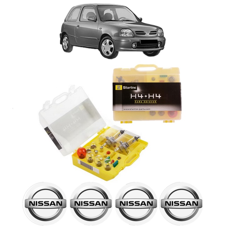 Kit trusa Set becuri H4 compatibila cu NISSAN MICRA II (K11) din 1992-2003, bec far, semnalizare, pozitie, iluminare numar, frana, plafoniera, stop frana