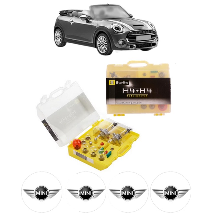 Kit trusa Set becuri H4 compatibila cu MINI MINI Convertible (F57) din 2014-2019, bec far, semnalizare, pozitie, iluminare numar, frana, plafoniera, stop frana