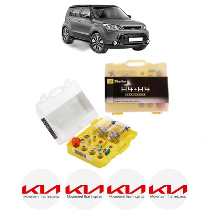 Kit trusa Set becuri H4 compatibila cu KIA SOUL II (PS) din 2014-2018, bec far, semnalizare, pozitie, iluminare numar, frana, plafoniera, stop frana