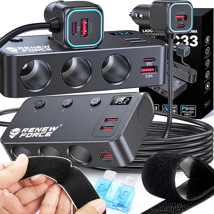 Autós elosztó szivargyújtó 12V-24V, 4 USB QC PD, 3 szivargyújtó aljzat, LED, 124x71x31,5mm