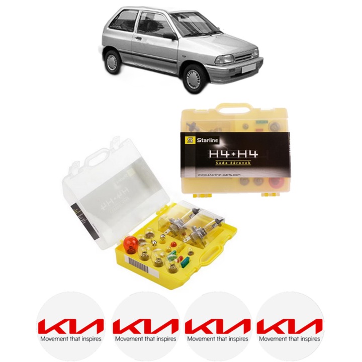 Kit trusa Set becuri H4 compatibila cu KIA PRIDE (DA) din 1990-2001, bec far, semnalizare, pozitie, iluminare numar, frana, plafoniera, stop frana