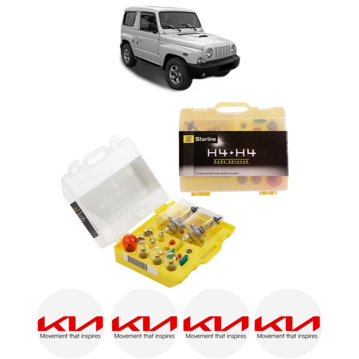 Kit trusa Set becuri H4 compatibila cu KIA RETONA Closed Off-Road Vehicle (FK) din 1999-2001, bec far, semnalizare, pozitie, iluminare numar, frana, plafoniera, stop frana