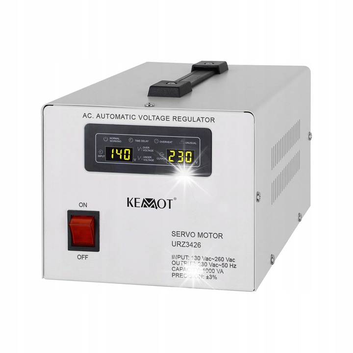 KEMOT MSER-1000 feszültségstabilizátor, 1000 VA, szervomotor, 2 aljzat, 22,8x14,7x13cm