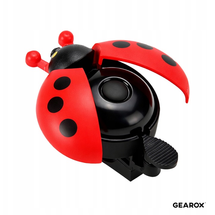 Sonerie de bicicleta pentru copii, Gearox, Buburuza, Rosu, Sunet puternic, Asamblare usoara, Aripi mobile, Utilizare universala, Materiale durabile, Dimensiuni: 5cm x 8.5cm x 5.5cm, Setul include: Surub pentru asamblare, Plastic, Original, Nou, Mecanic