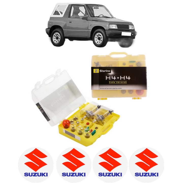 Kit trusa Set becuri H4 compatibila cu SUZUKI VITARA Cabrio (ET, TA) din 1988-1999, bec far, semnalizare, pozitie, iluminare numar, frana, plafoniera, stop frana