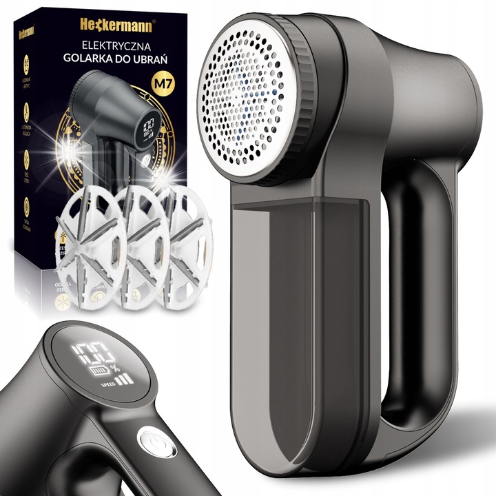 Аспиратор за текстил Heckermann, самобръсначка за дрехи, 1200mAh, 3 скорости, черен, комплект с 2 ножчета