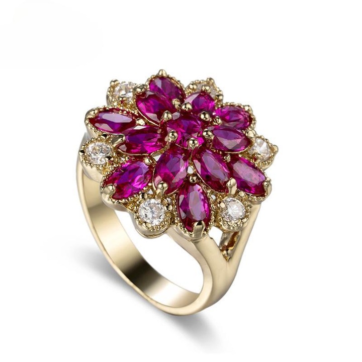 Inel, Design Clasic-Floral, Cupru, Zirconiu Cubic Sintetic, Placat cu Aur Galben, Rosu, 17.2 mm