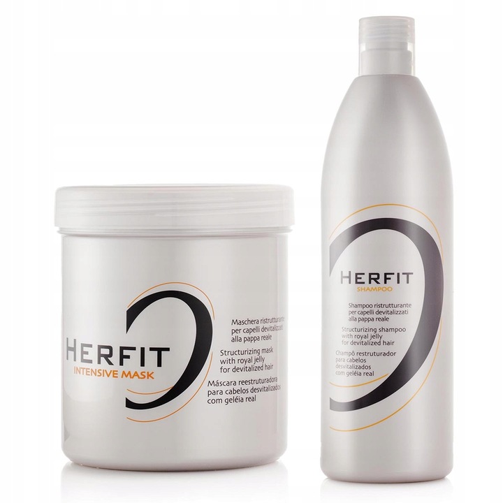 Set sampon si masca HERFIT PRO pentru par deteriorat, cu lapte de albine, 1000ml fiecare