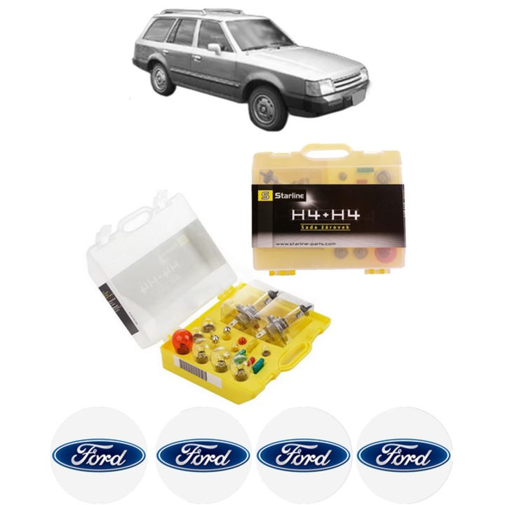 Kit trusa Set becuri H4 compatibila cu FORD ESCORT III Turnier (AWA) din 1980-1985, bec far, semnalizare, pozitie, iluminare numar, frana, plafoniera, stop frana