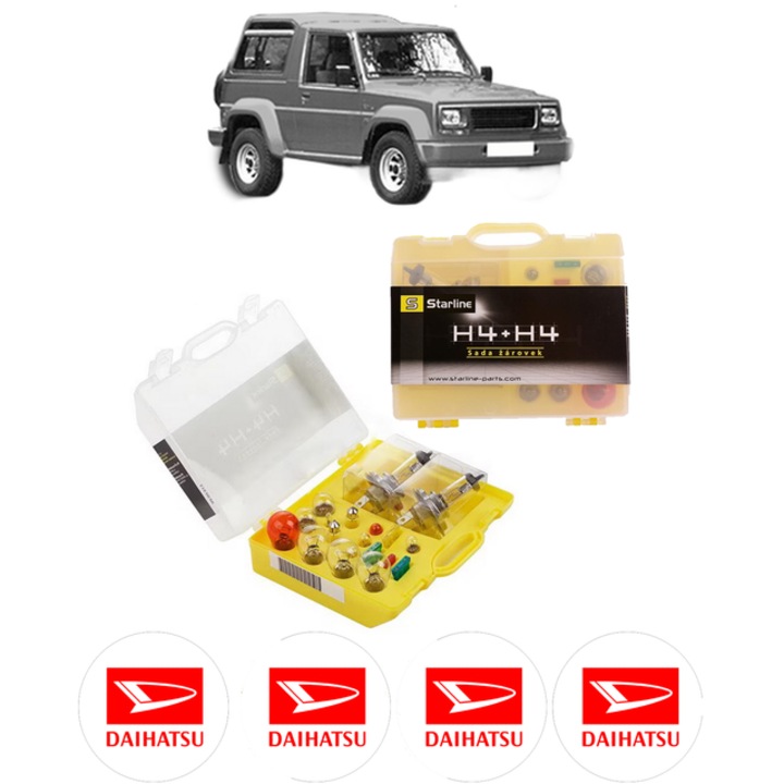 Kit trusa Set becuri H4 compatibila cu DAIHATSU ROCKY Hard Top (F7, F8) din 1985-1998, bec far, semnalizare, pozitie, iluminare numar, frana, plafoniera, stop frana