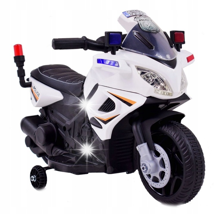 Elektromos gyermek motorkerékpár szirénával, Import Super-toys, JC-911 modell, fehér, 69x40x45cm