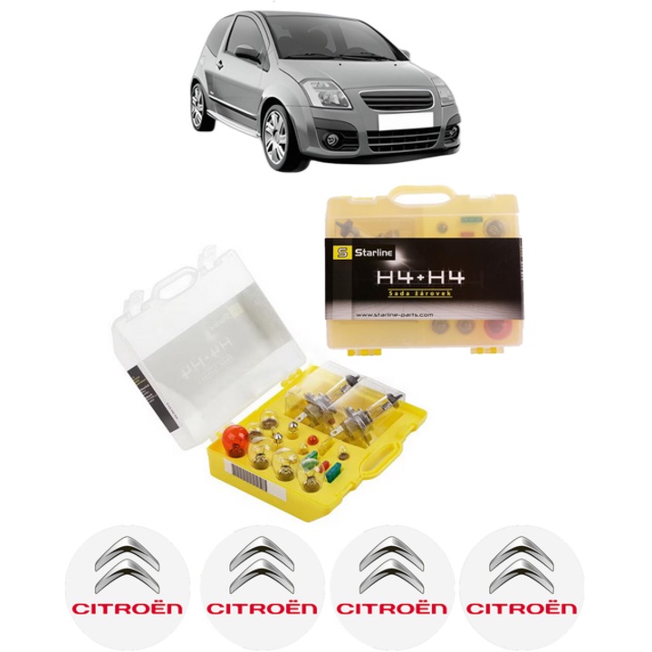 Kit trusa Set becuri H4 compatibila cu CITROEN C2 (JM_) din 2003-2012, bec far, semnalizare, pozitie, iluminare numar, frana, plafoniera, stop frana