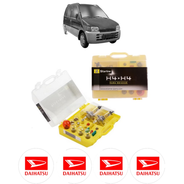 Kit trusa Set becuri H4 compatibila cu DAIHATSU MOVE (L6_) din 1997-1999, bec far, semnalizare, pozitie, iluminare numar, frana, plafoniera, stop frana