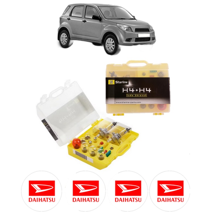 Kit trusa Set becuri H4 compatibila cu DAIHATSU TERIOS (J2_, F7__) din 2005-2010, bec far, semnalizare, pozitie, iluminare numar, frana, plafoniera, stop frana