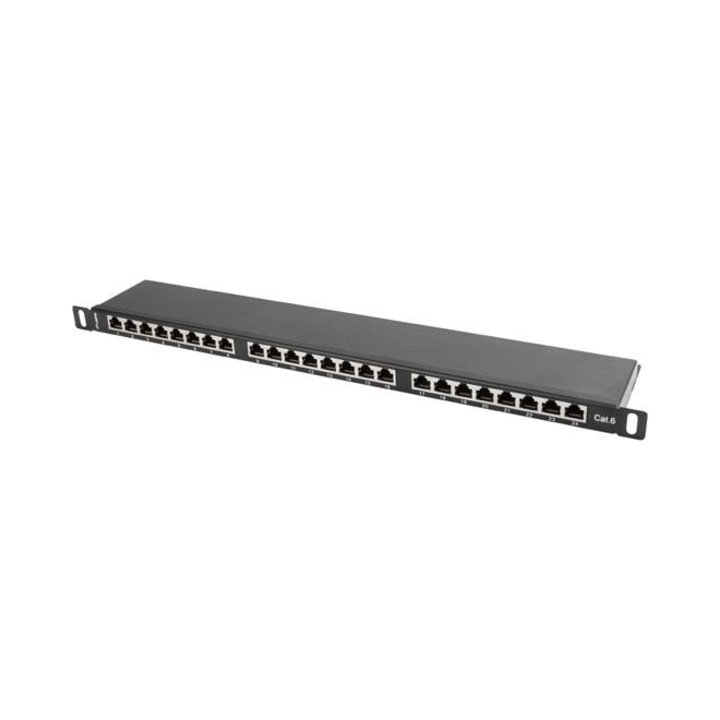 Patch panel 24 portos RJ-45 kategória 6, 1U, Lanberg, fekete RAL9004