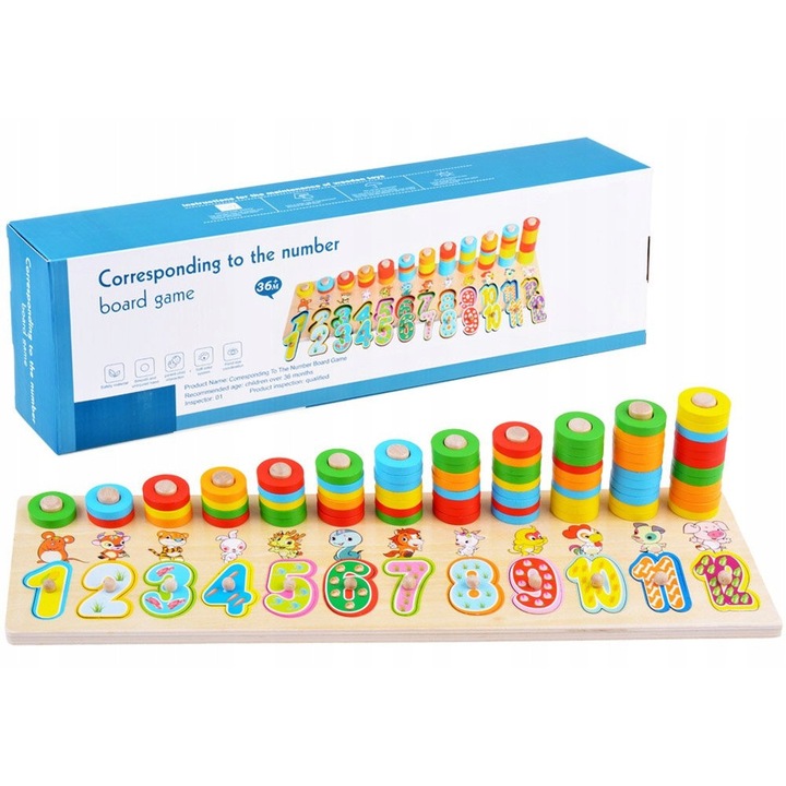 Fa oktató puzzle számokkal és állatokkal, Jokomisiada, többszínű, 45x12,5x7,5cm