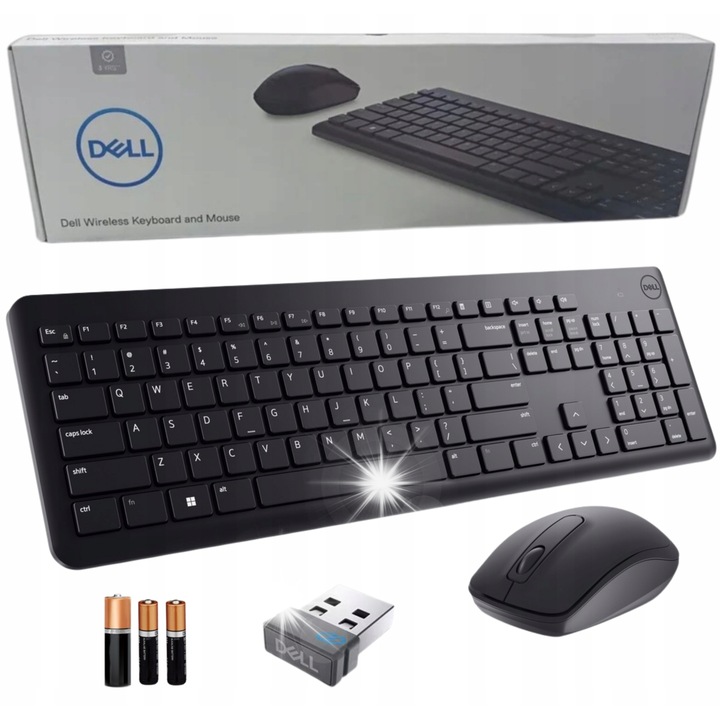 Комплект безжична клавиатура и мишка Dell, черни, размери 25x444x123мм, 1000 DPI