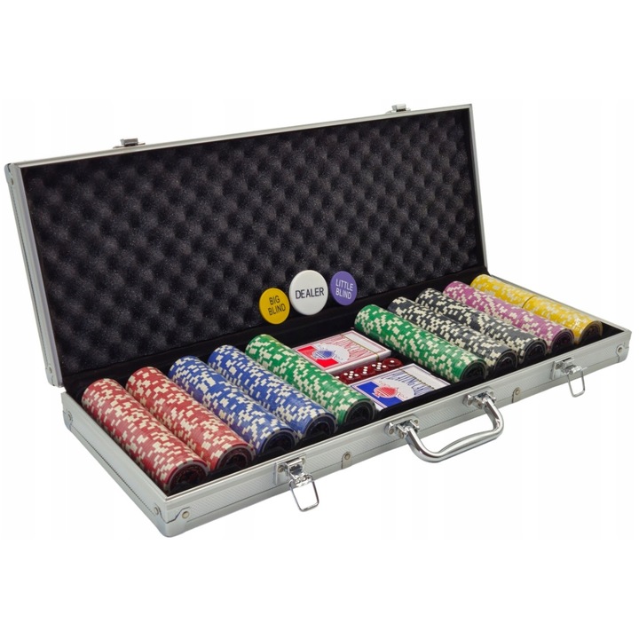 Комплект за покер премиум, 500 чипа, 2 тестета карти, 5 зара, алуминиев куфар, 55,8x23,5x6,5см
