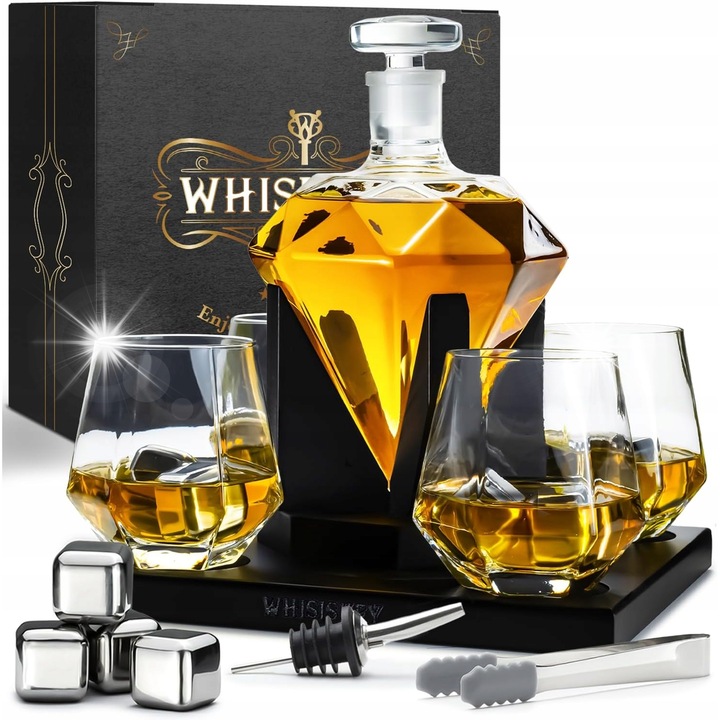 Комплект за уиски - Диамантена гарафа 1000 мл + 4 чаши 300 мл + 4 охлаждащи камъка, луксозна кутия