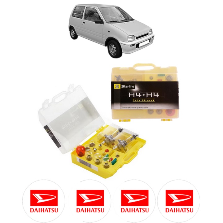 Kit trusa Set becuri H4 compatibila cu DAIHATSU CUORE III (L200, L201) din 1990-1994, bec far, semnalizare, pozitie, iluminare numar, frana, plafoniera, stop frana