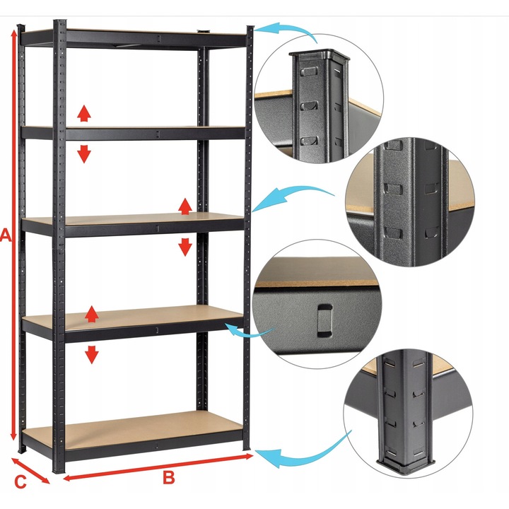 Метален стелаж с 5 нива, 175 кг всяко, 180x90x40 см, черен, бърз монтаж