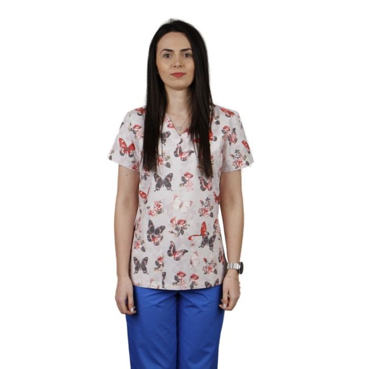 Bluza dama CLARA Imprimeu fluturi si trandafiri - Uniforma Medicala, XS
