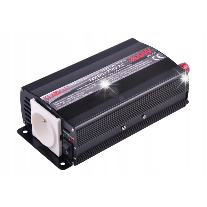 Inverter autóba Kemot 12V/230V 300W, túlterhelés elleni védelemmel, csatlakozókábel készlettel