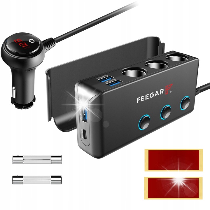 Feegar szivargyújtó elosztó, 12-24V, 4 USB port, 3 aljzat, 200W, 138x63x32mm
