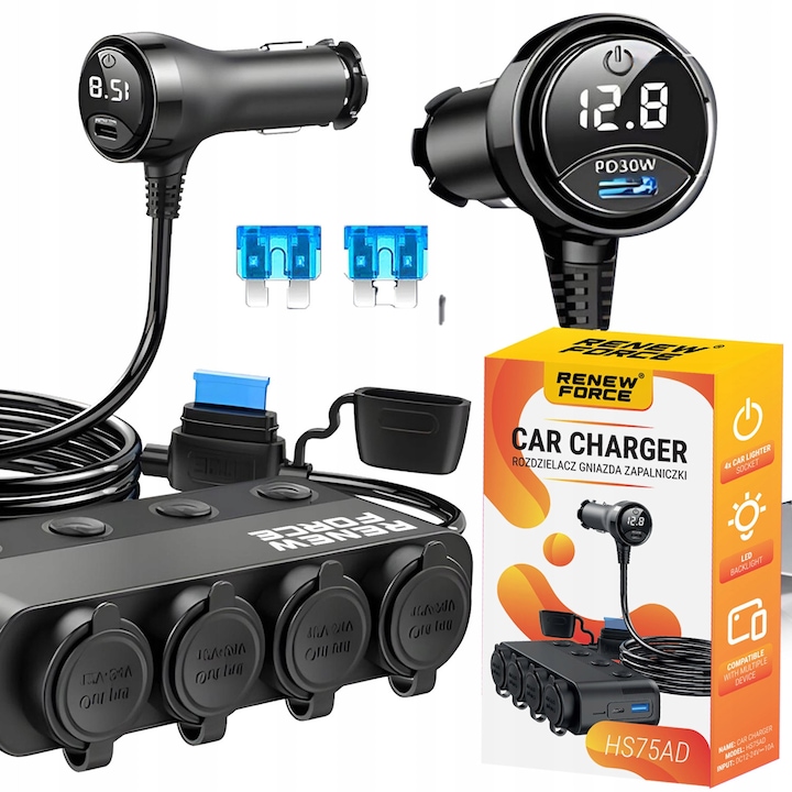 Szivargyújtó elosztó 12V/24V, 4 aljzat, 1 USB QC 3.0 port, 2 USB-C PD 30W port, voltmérővel, szett