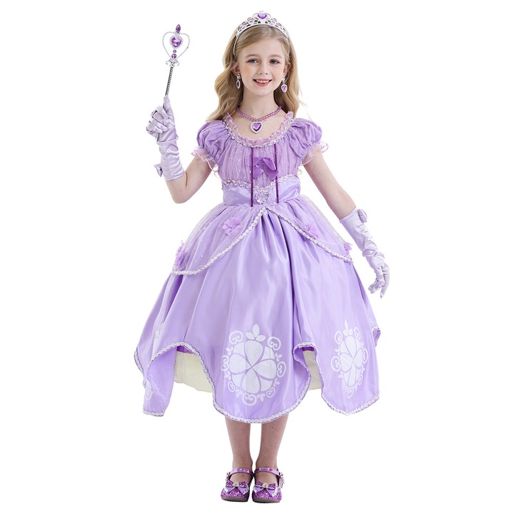 Rochie Printesa Sofia, cu accesorii, fusta tutu florala, rochie pentru fetita, costum de printesa, joc de rol, Halloween, petrecere de Craciun, 120cm