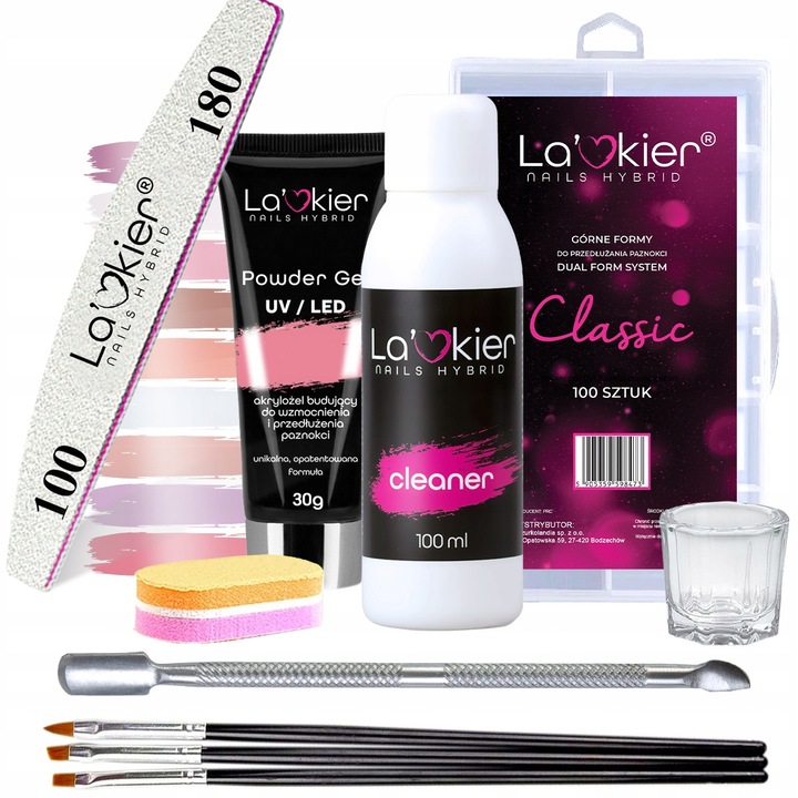 La'kier akril gél körömkészlet, 30 ml, 100 műanyag forma, 3 ecset, 1 tisztító 100 ml, 1 reszelő, 1 polírozó blokk