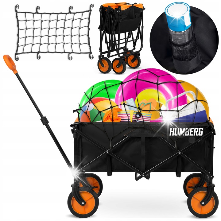 Сгъваема транспортна количка с мрежа, 100L, Humberg HM-513, капацитет 90кг, 2 джоба за напитки, лесна за маневриране