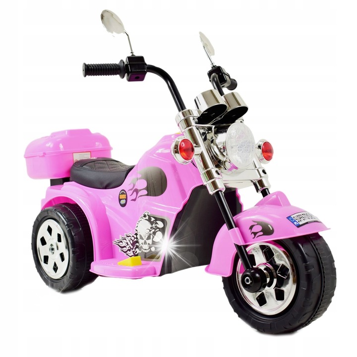 Rózsaszín elektromos chopper motorkerékpár, LL-777 modell, 1 gyermek számára, hangokkal és fényekkel, méretei 93x33x58cm