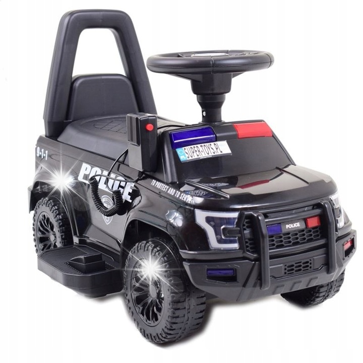 Elektromos gyermekautó, Import Super-toys, rendőrmodell, hangokkal és megafonnal, fekete, 63x43x39cm