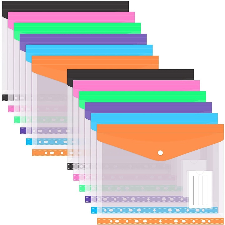 Zsebes iratrendező, 12 darabos csomag, A4-es bővíthető dokumentumtáska, 11 lyukú műanyag borítékmappa, 2/3/4 lyukú iratrendezőkhöz alkalmas, patentos dokumentumtáskák és címkék, iskolába, irodába és otthonra is alkalmas