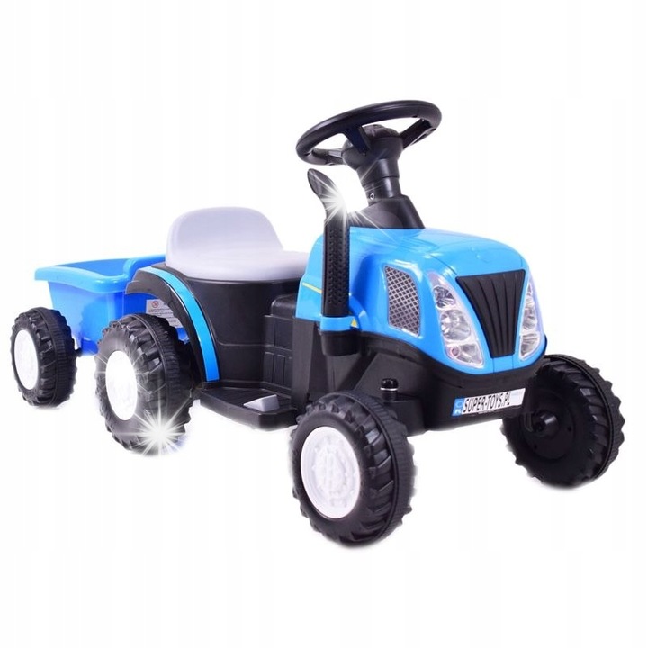 Elektromos traktor utánfutóval, Import Super-toys, 2 motor, 2 akkumulátor, kék, 67x41x34cm