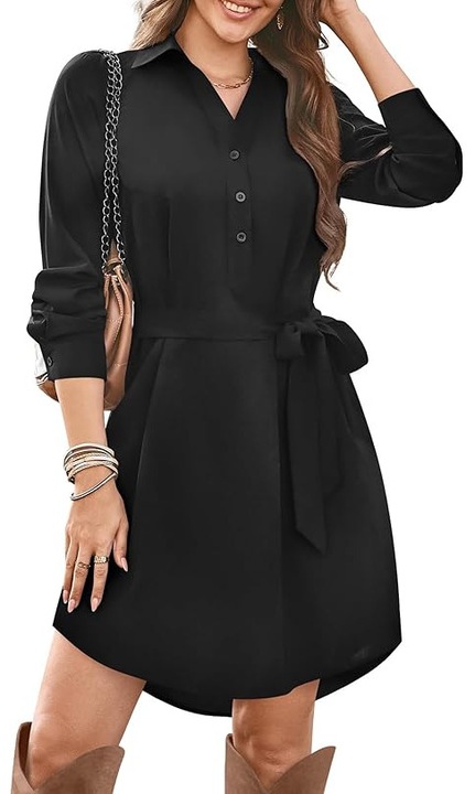 Rochie Tip Camasa cu Maneca Lunga pentru Femei – Mini, cu Guler si Cordon in Talie, Eleganta si Versatila, Neagra, Marimea XL