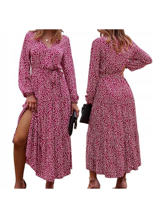 Női Maxi Ruha, SNM, Átlapolós Szabás, Virágmintás, Piros, Univerzális Méret S-XL