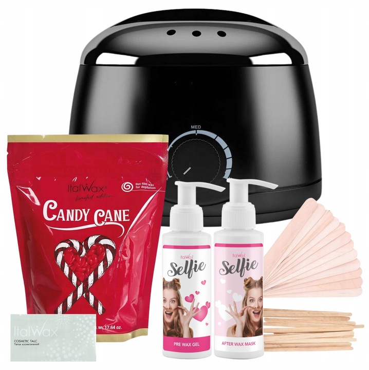 Комплект за обезкосмяване Italwax, твърда вакса Candy Cane 500g, гел преди депилация 100ml, маска след депилация 100ml, нагревател, шпатули