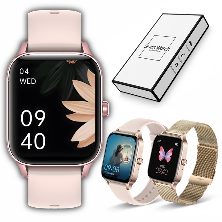 Ceas smartwatch Revono i126, ecran IPS 1.95", rezistent la apă, 2 brățări incluse, auriu/bej