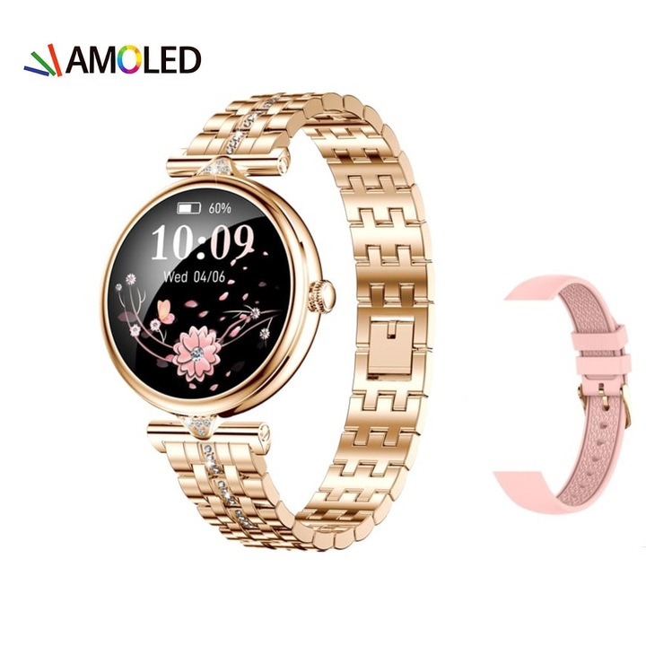 Smartwatch Dama GBV Logic AK73, Ecran AMOLED 1.28 inch (32mm), IP68, Apel Bluetooth, Monitorizare Puls, Oxigen Sange, Somn, 2 Curele Silicon + Metal, Compatibil Android iOS, Auriu