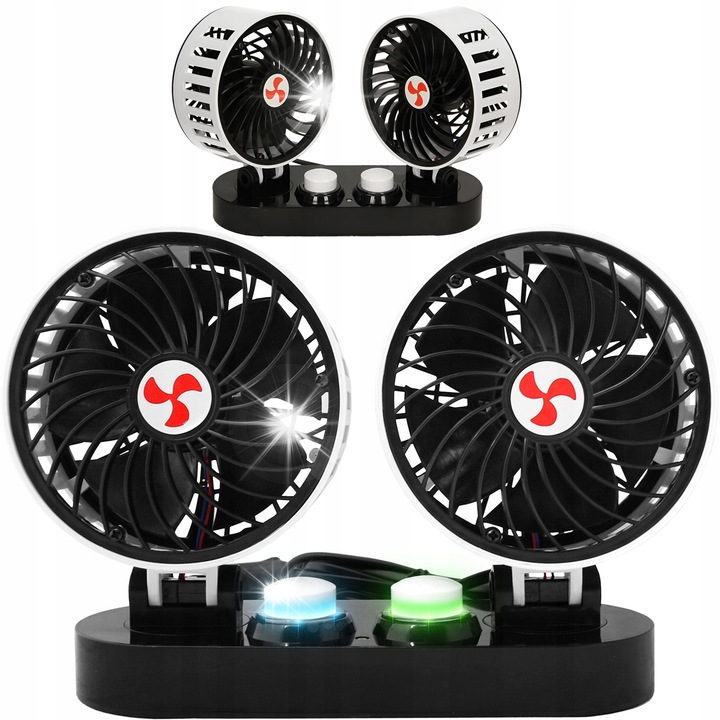 LTC kettős autós ventilátor, 12V és 24V, 2x5 hüvelyk, fehér, 180°-os szögállítással és 360°-os forgatással