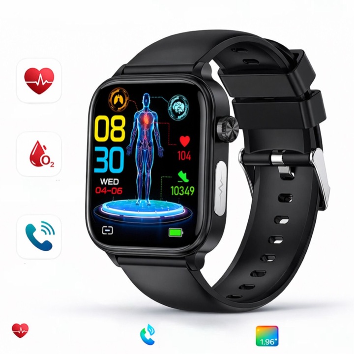 Смарт часовник SLSpeed ET570, мониторинг на здравето, Bluetooth разговори, Черен, 1.96 инча