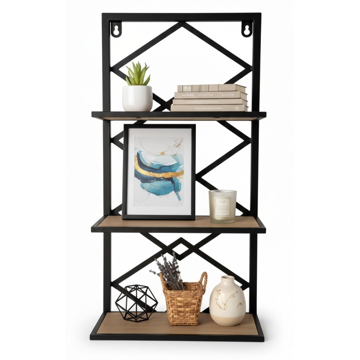 Висящ рафт за книги Loft, 3 нива, дъб, черен, 60x25x9,5см