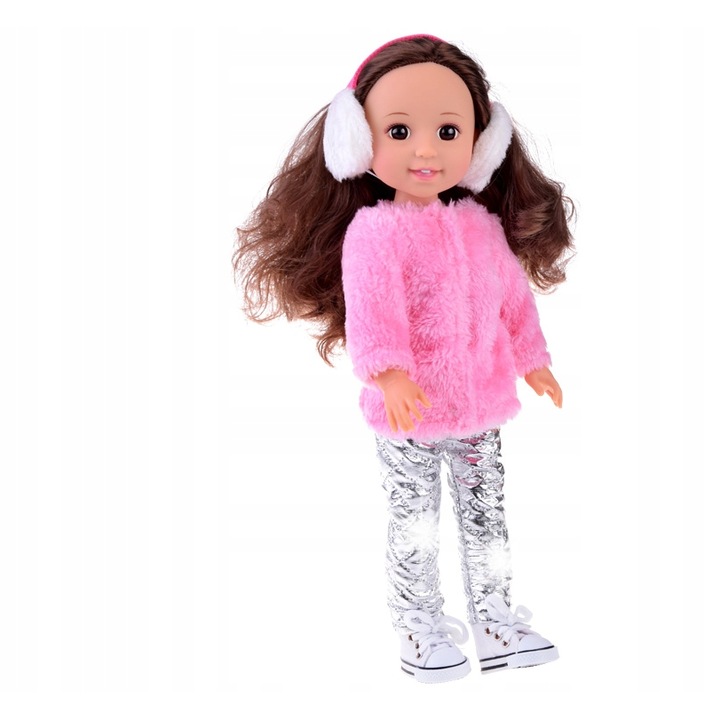 Jokomisiada 38 cm-es baba, rózsaszín, téli ruhák, nyuszifülek, szett