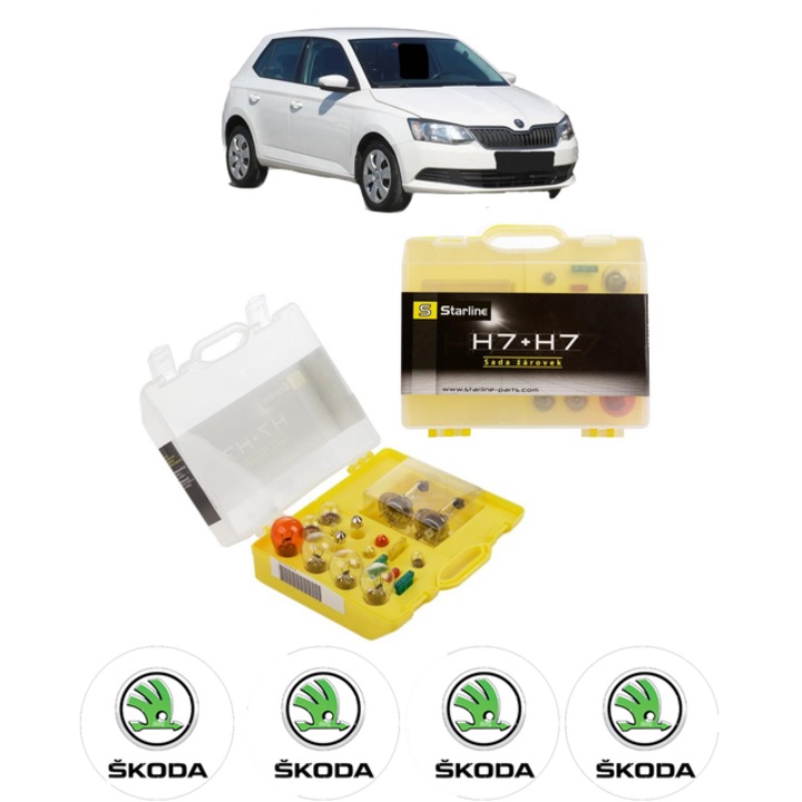 Kit trusa Set becuri H7 compatibila cu SKODA FABIA III Praktik (NJ5) din 2014-2022, bec far, semnalizare, pozitie, iluminare numar, frana, plafoniera, stop frana